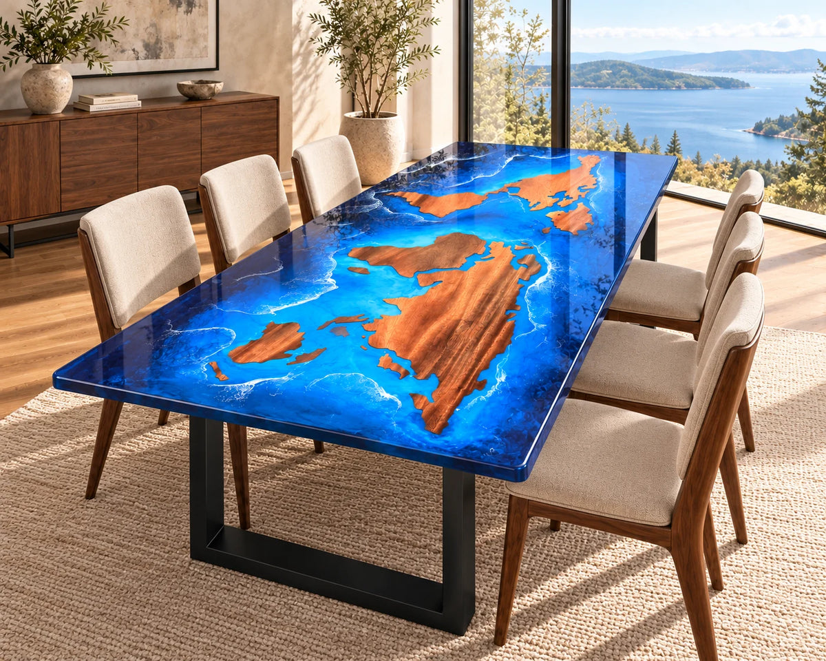 Aurorawoodart Custom Walnut Ocean Blue Epoxy Map Dining Table DT150