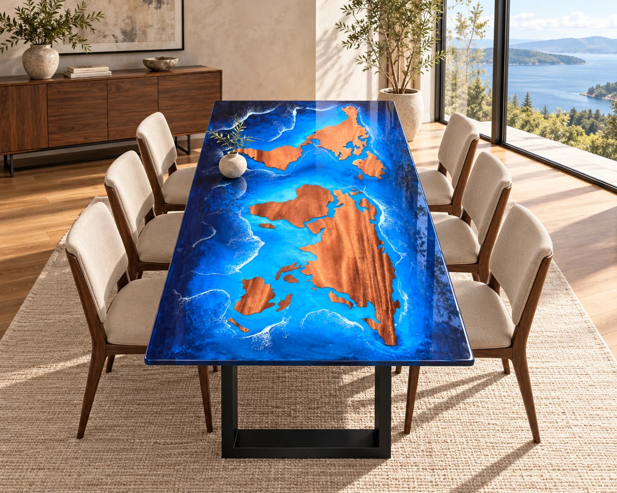 Aurorawoodart Custom Walnut Ocean Blue Epoxy Map Dining Table DT150