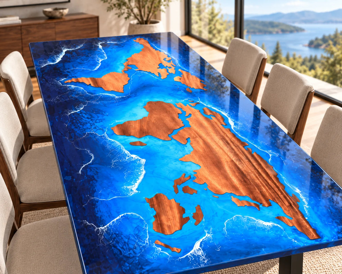 Aurorawoodart Custom Walnut Ocean Blue Epoxy Map Dining Table DT150