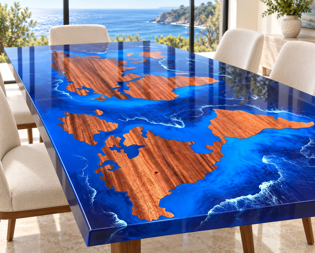 Aurorawoodart Custom Walnut Ocean Blue Epoxy Map Dining Table DT151
