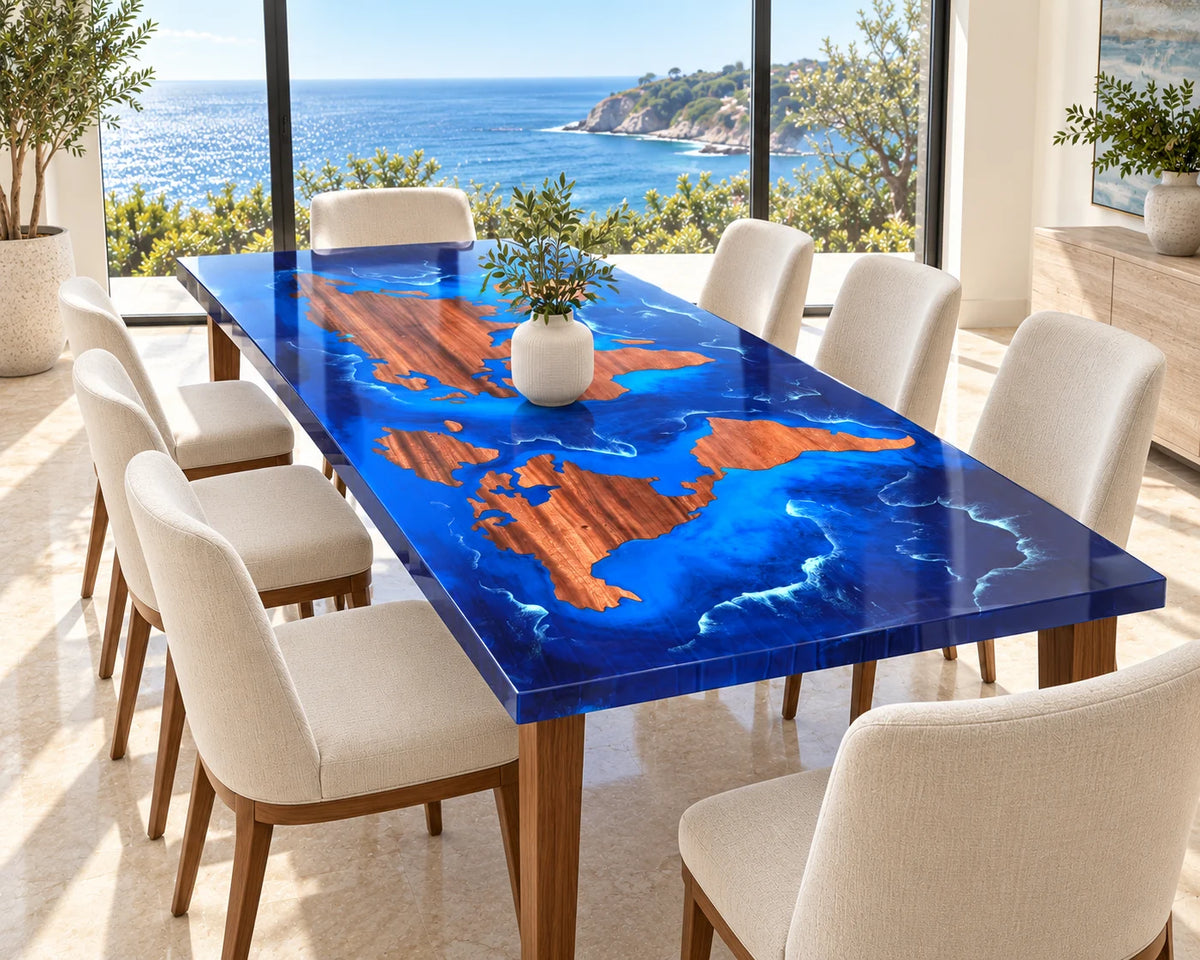 Aurorawoodart Custom Walnut Ocean Blue Epoxy Map Dining Table DT151