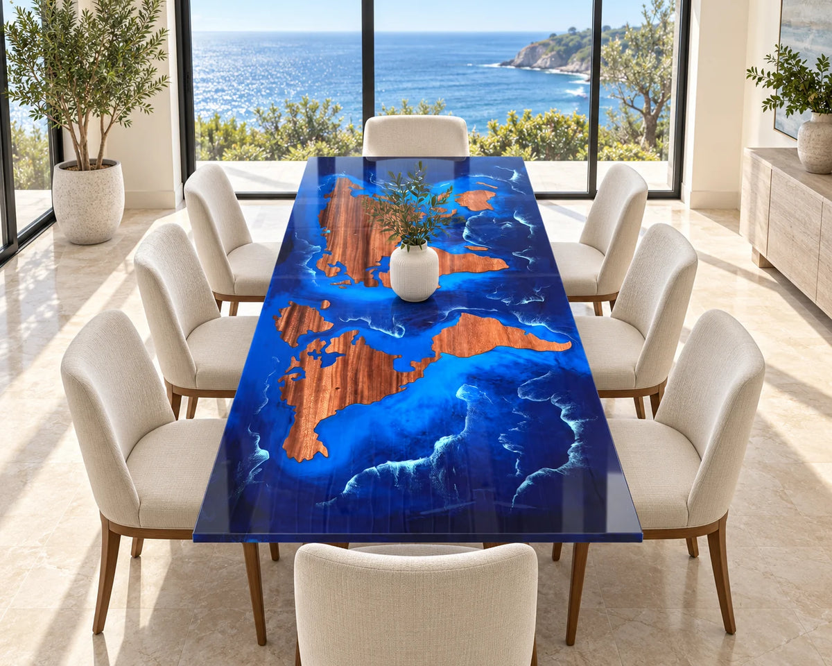 Aurorawoodart Custom Walnut Ocean Blue Epoxy Map Dining Table DT151