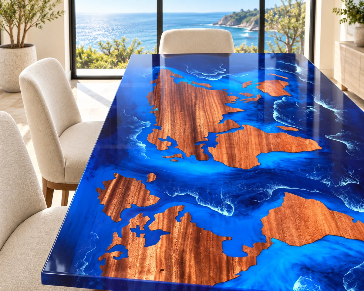 Aurorawoodart Custom Walnut Ocean Blue Epoxy Map Dining Table DT151