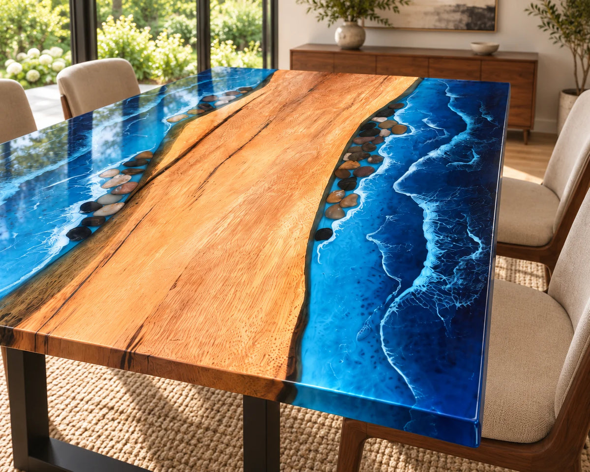 Aurorawoodart Custom Walnut Ocean Blue Epoxy Beach Dining Table DT153