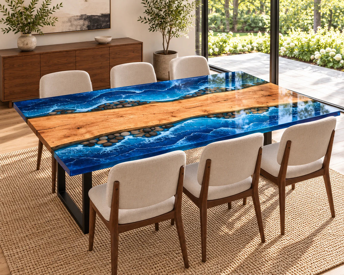 Aurorawoodart Custom Walnut Ocean Blue Epoxy Beach Dining Table DT153