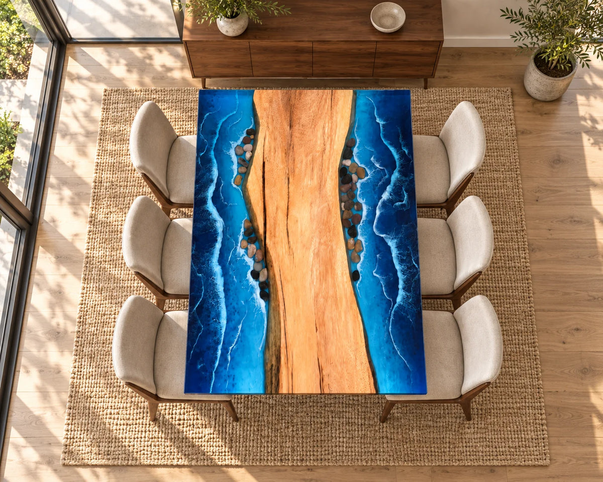 Aurorawoodart Custom Walnut Ocean Blue Epoxy Beach Dining Table DT153