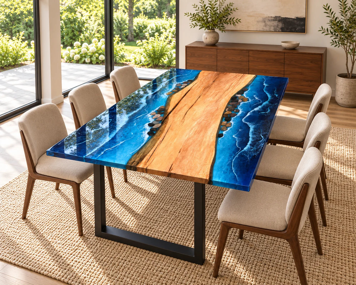 Aurorawoodart Custom Walnut Ocean Blue Epoxy Beach Dining Table DT153