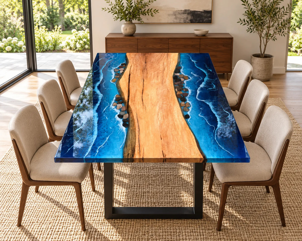 Aurorawoodart Custom Walnut Ocean Blue Epoxy Beach Dining Table DT153