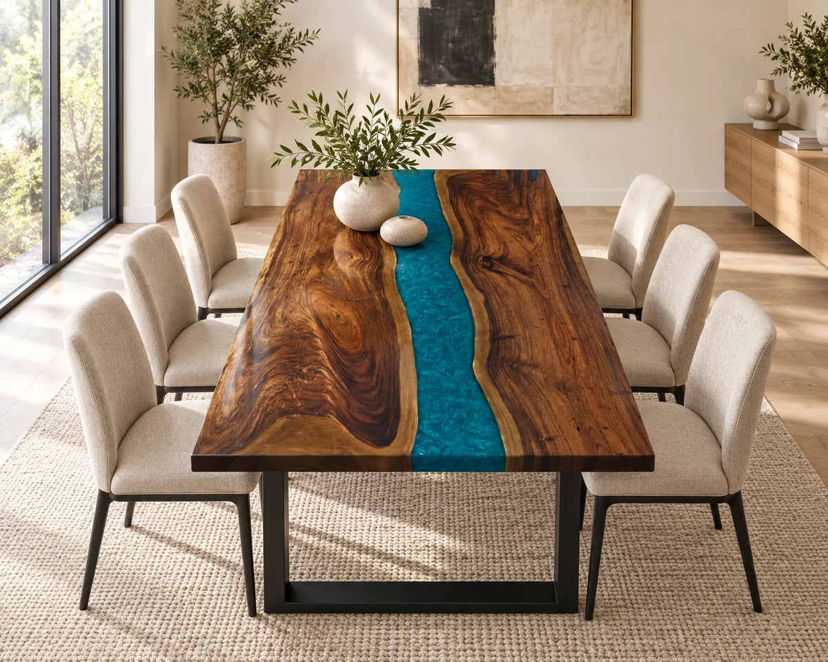 Aurorawoodart Custom Walnut Blue Epoxy River Dining Table DT166