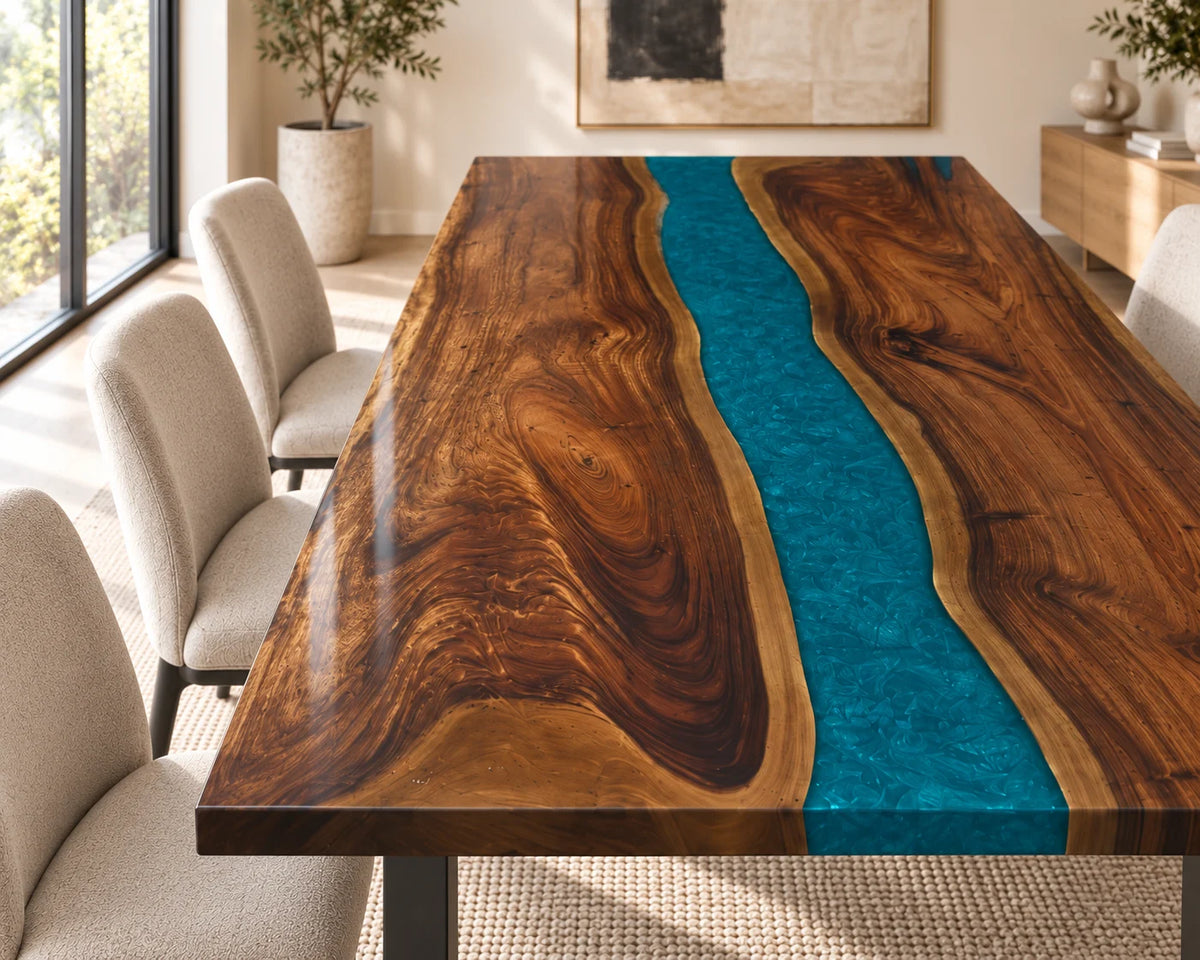 Aurorawoodart Custom Walnut Blue Epoxy River Dining Table DT166