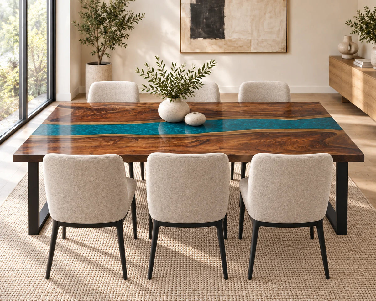 Aurorawoodart Custom Walnut Blue Epoxy River Dining Table DT166