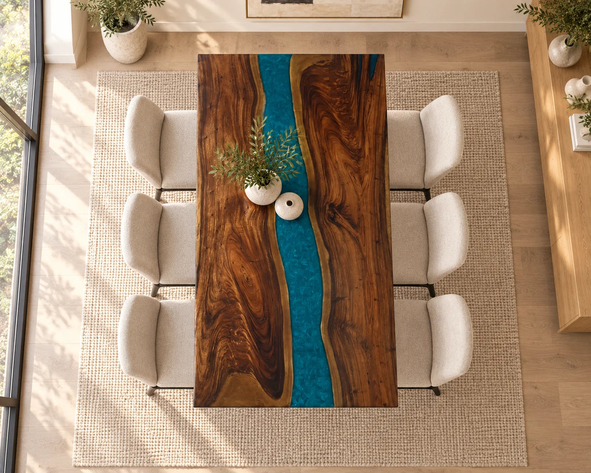 Aurorawoodart Custom Walnut Blue Epoxy River Dining Table DT166
