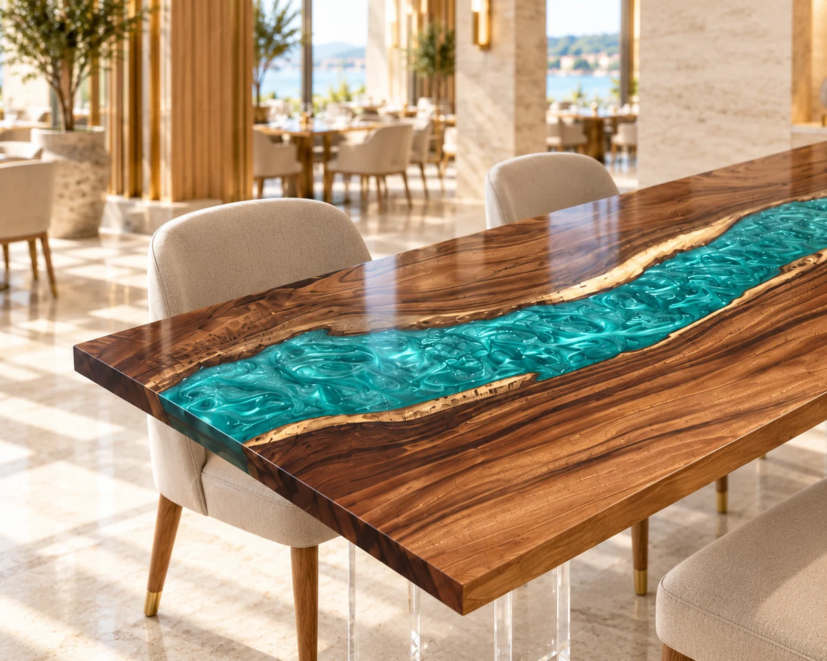 Aurorawoodart Custom Walnut Blue Epoxy River Dining Table DT168