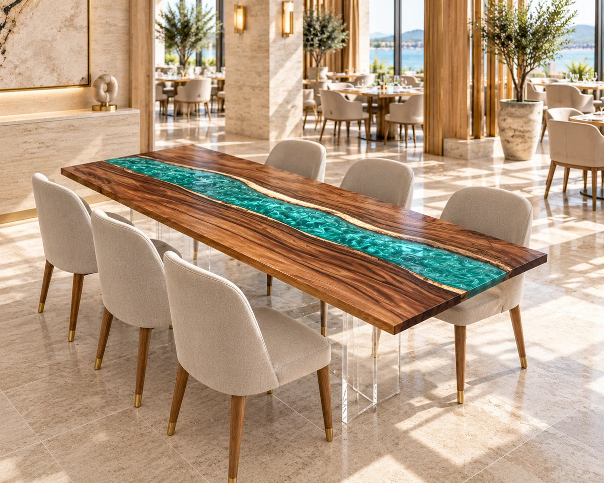 Aurorawoodart Custom Walnut Blue Epoxy River Dining Table DT168