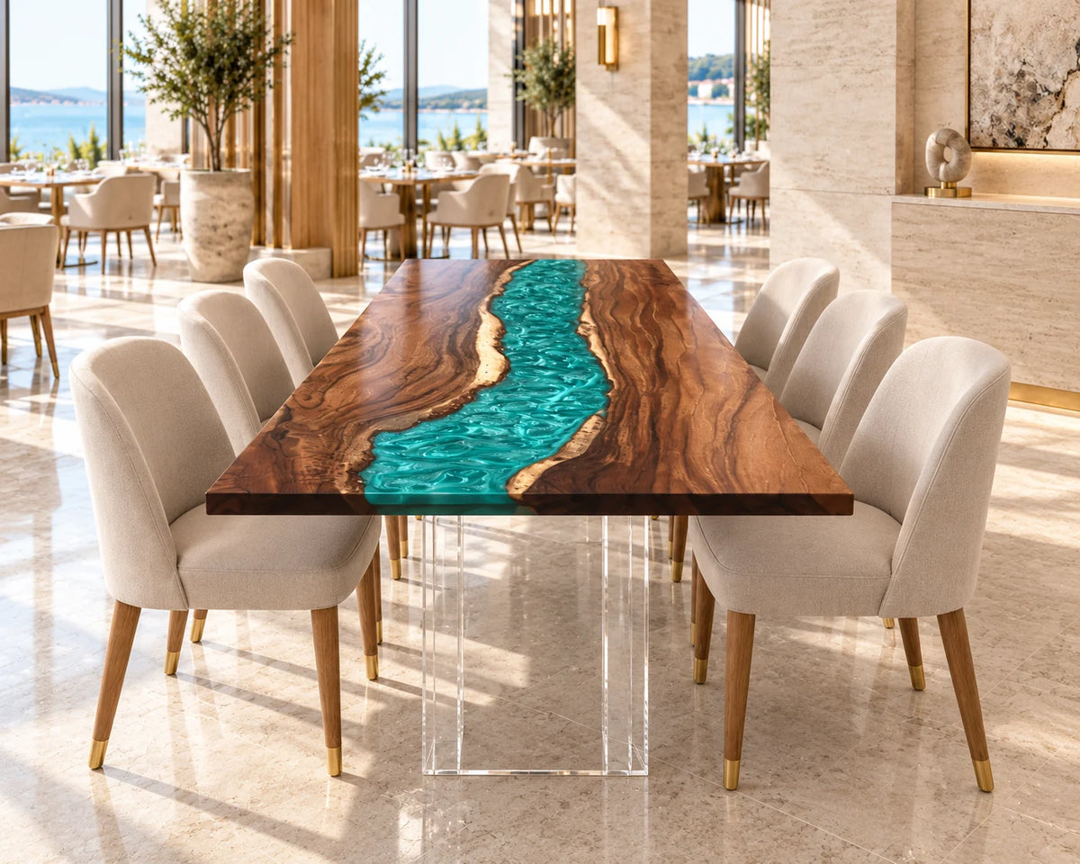 Aurorawoodart Custom Walnut Blue Epoxy River Dining Table DT168