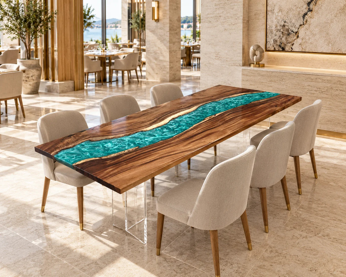 Aurorawoodart Custom Walnut Blue Epoxy River Dining Table DT168