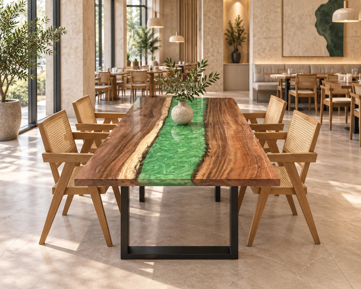 Aurorawoodart Custom Walnut Green Epoxy River Dining Table DT169