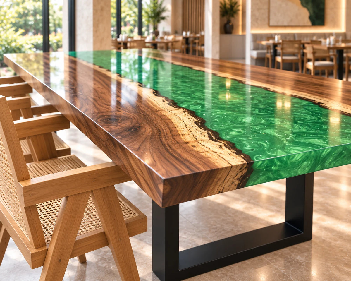 Aurorawoodart Custom Walnut Green Epoxy River Dining Table DT169
