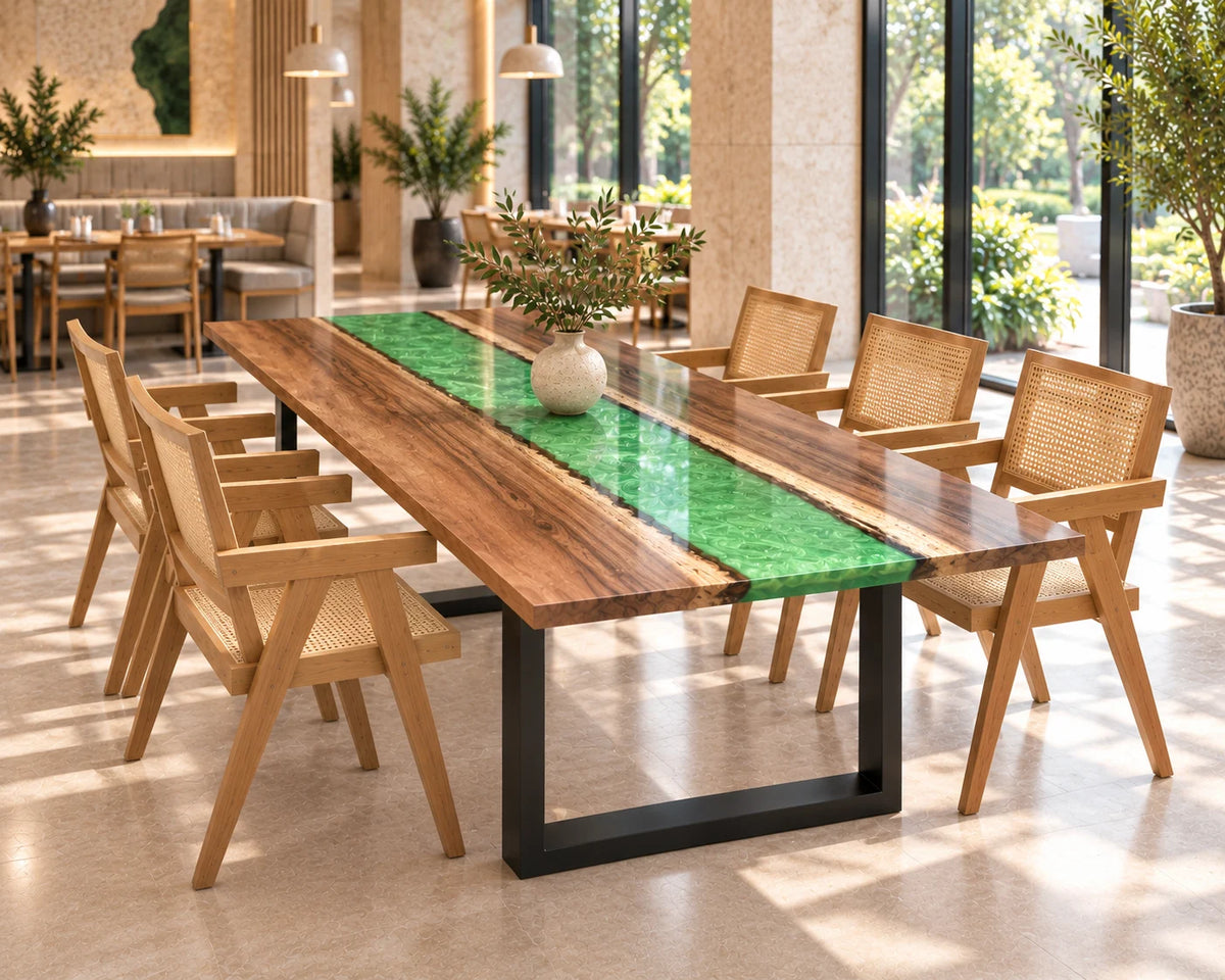 Aurorawoodart Custom Walnut Green Epoxy River Dining Table DT169