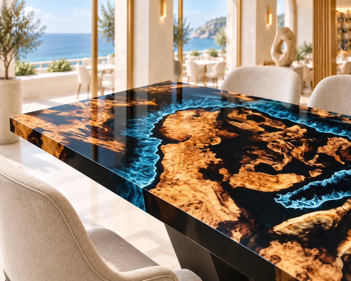Aurorawoodart Custom Cedar Burl Blue Epoxy Ocean Dining Table DT171