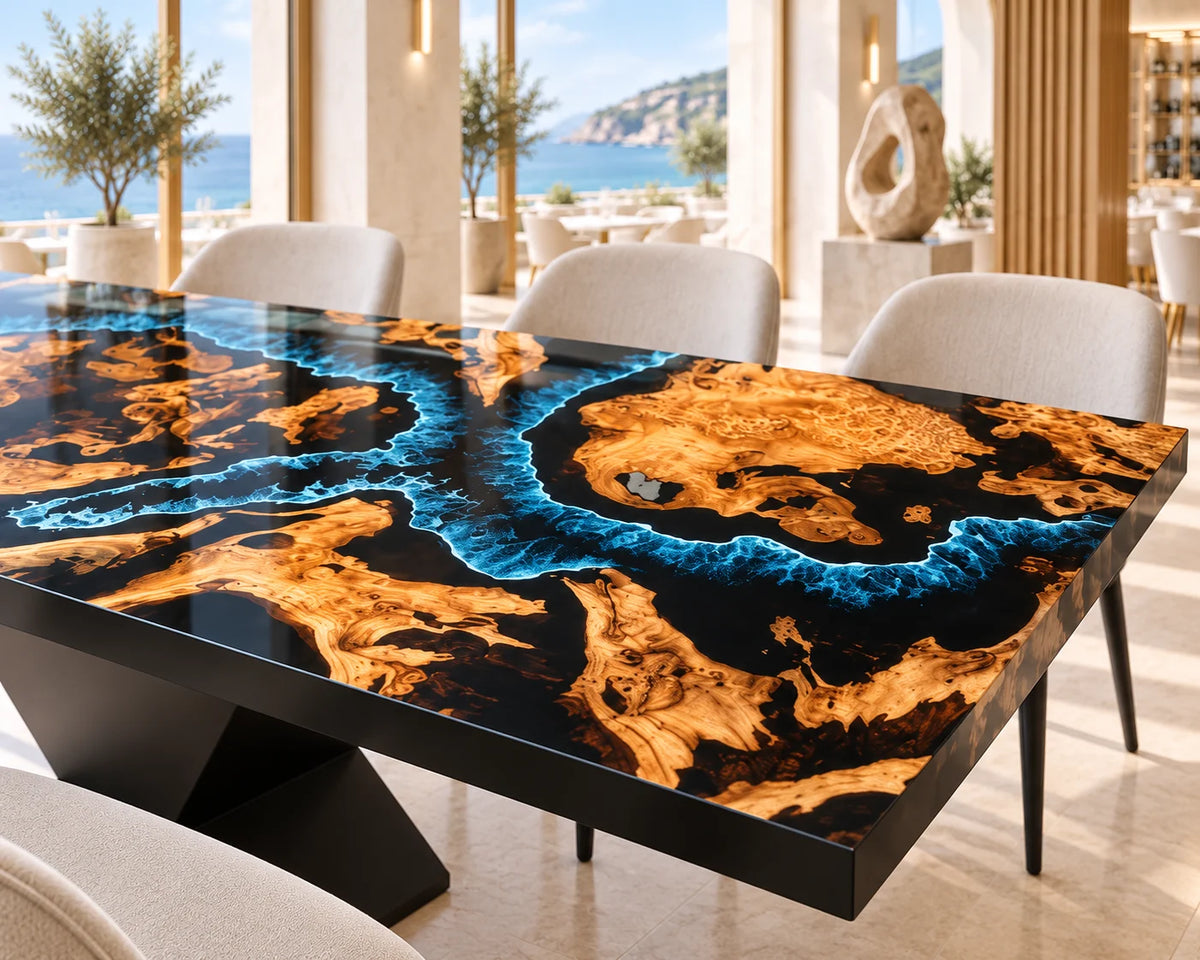 Aurorawoodart Custom Cedar Burl Blue Epoxy Ocean Dining Table DT171