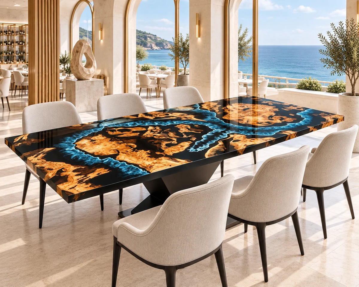 Aurorawoodart Custom Cedar Burl Blue Epoxy Ocean Dining Table DT171