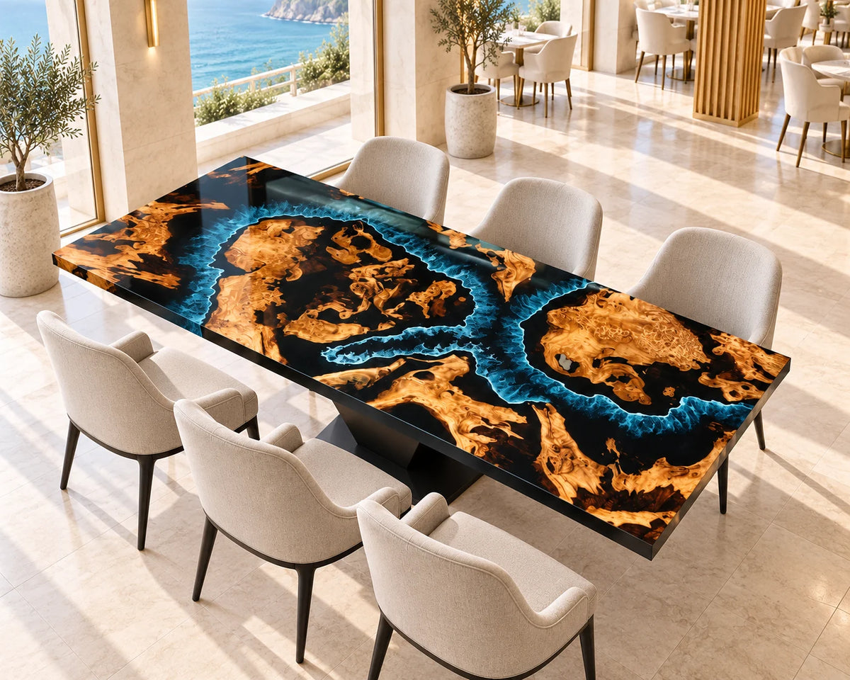 Aurorawoodart Custom Cedar Burl Blue Epoxy Ocean Dining Table DT171