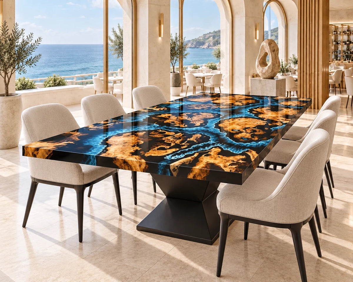Aurorawoodart Custom Cedar Burl Blue Epoxy Ocean Dining Table DT171