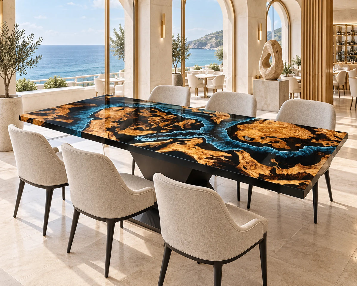 Aurorawoodart Custom Cedar Burl Blue Epoxy Ocean Dining Table DT171