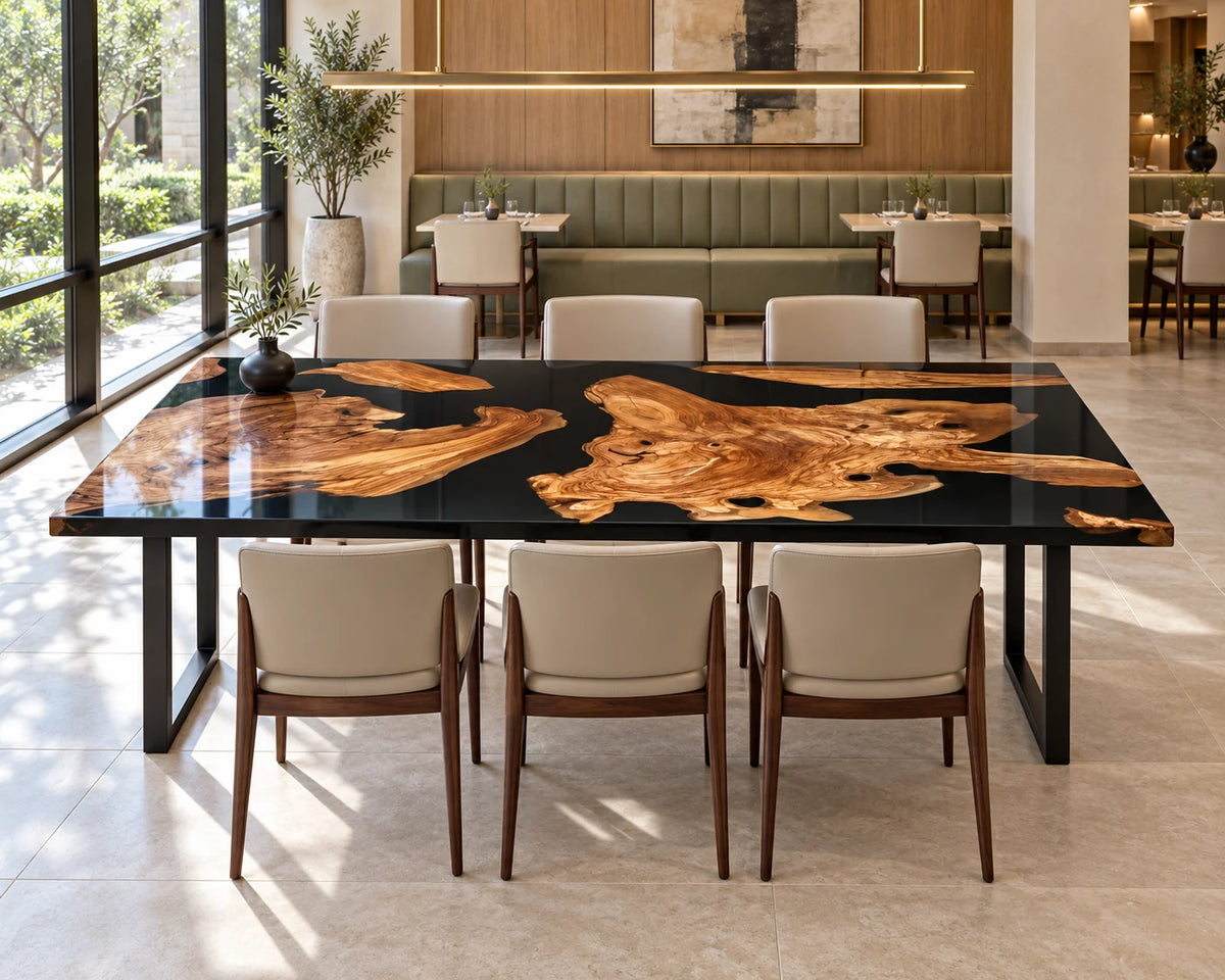 Aurorawoodart Custom Cedar Burl Black Epoxy Live Edge Dining Table DT172