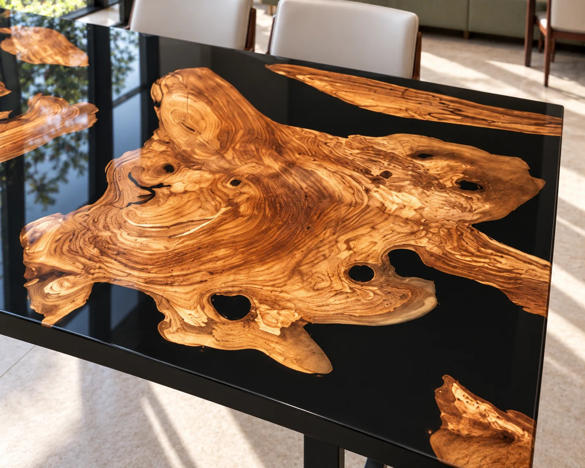 Aurorawoodart Custom Cedar Burl Black Epoxy Live Edge Dining Table DT172