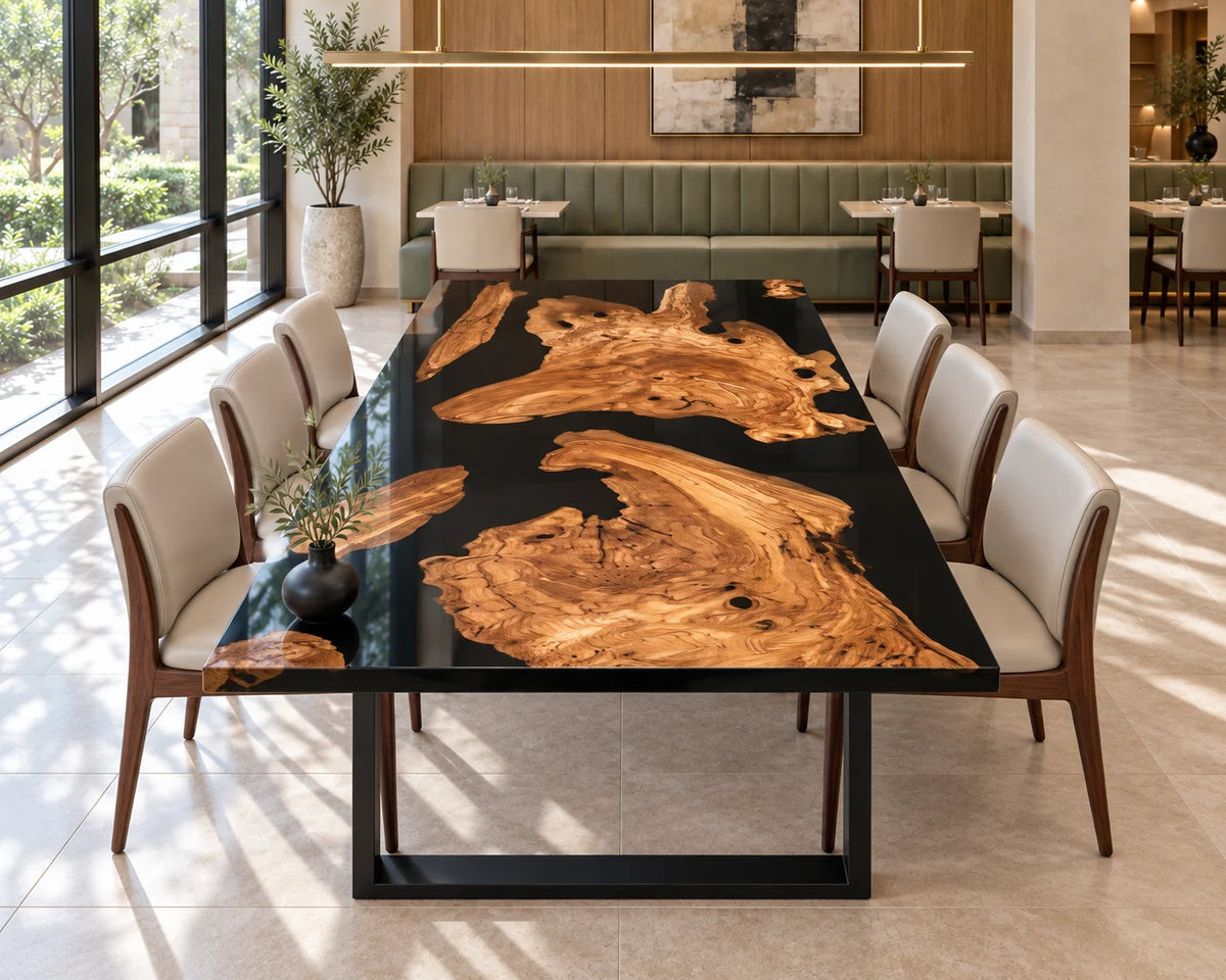 Aurorawoodart Custom Cedar Burl Black Epoxy Live Edge Dining Table DT172