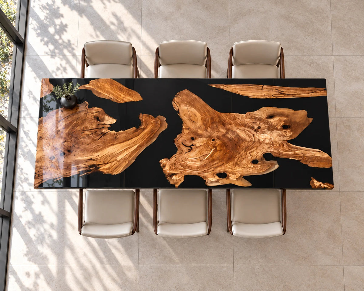 Aurorawoodart Custom Cedar Burl Black Epoxy Live Edge Dining Table DT172