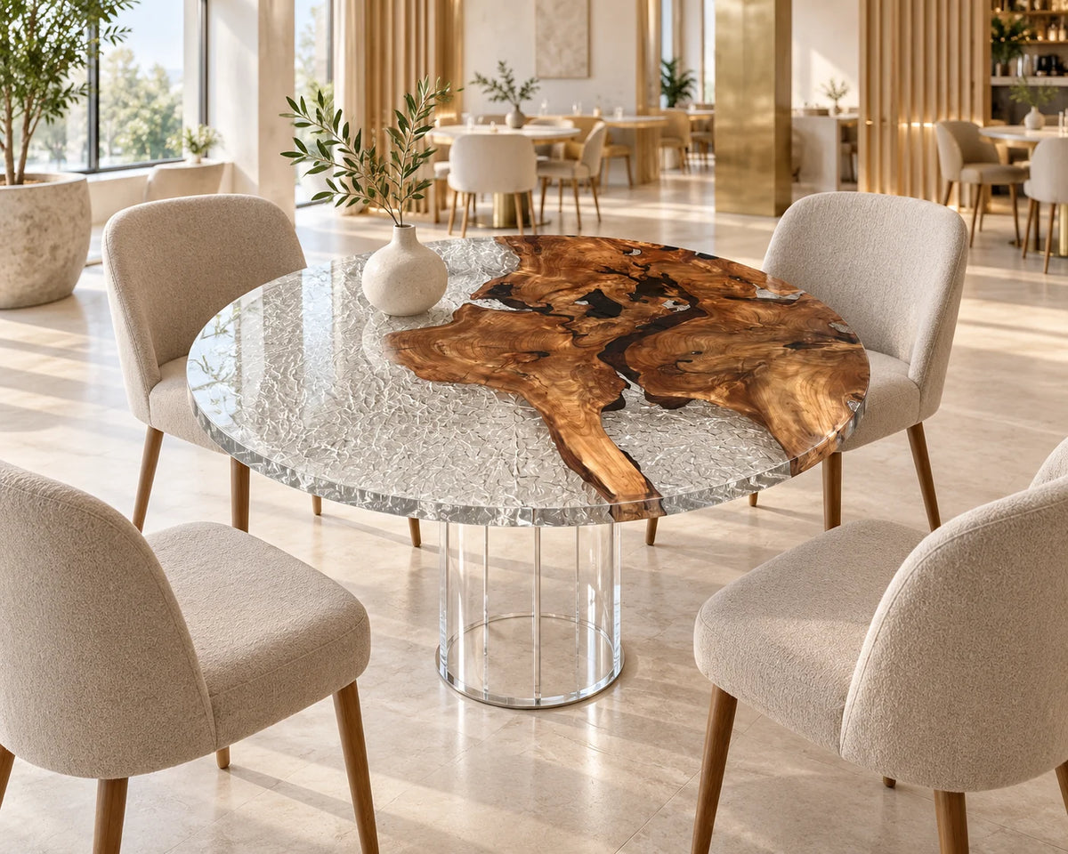 Aurorawoodart Custom Cedar Burl Ice White Epoxy Live Edge Dining Table DT173