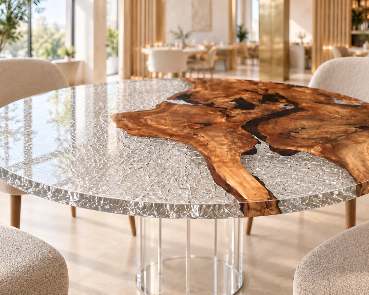 Aurorawoodart Custom Cedar Burl Ice White Epoxy Live Edge Dining Table DT173