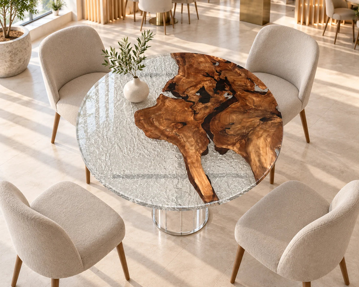 Aurorawoodart Custom Cedar Burl Ice White Epoxy Live Edge Dining Table DT173