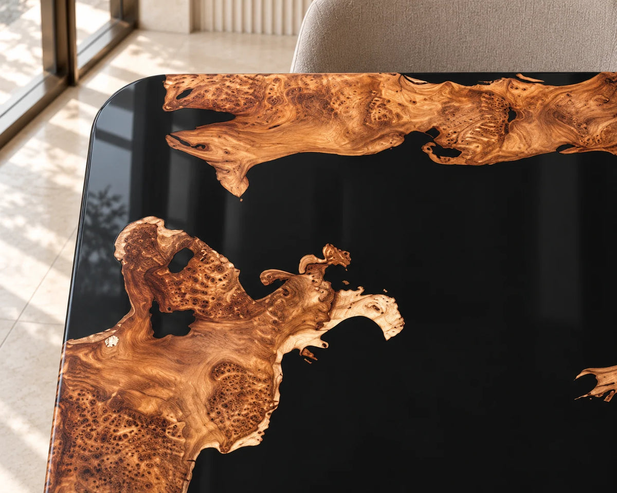 Aurorawoodart Custom Cedar Burl Black Epoxy Live Edge Dining Table DT174