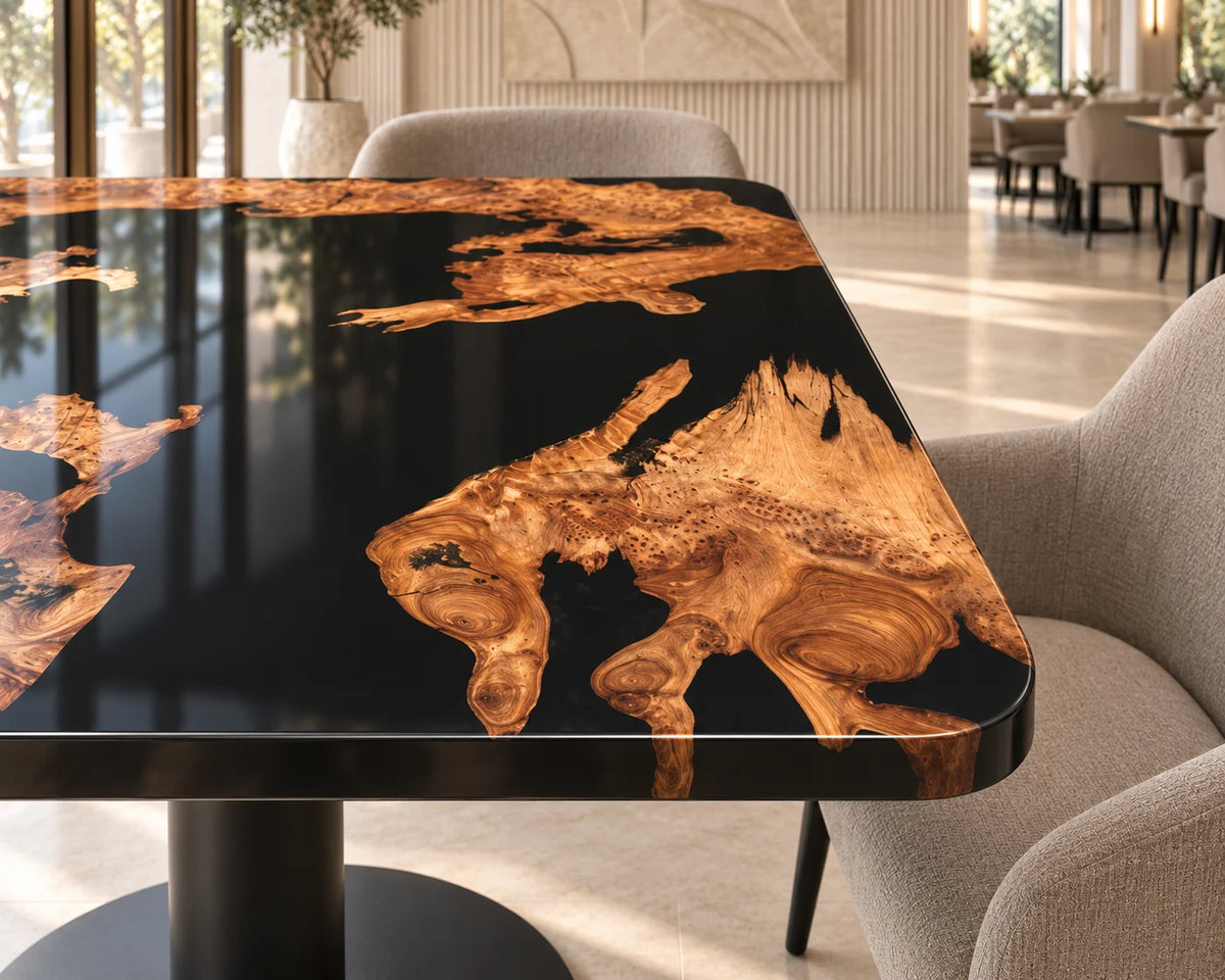 Aurorawoodart Custom Cedar Burl Black Epoxy Live Edge Dining Table DT174
