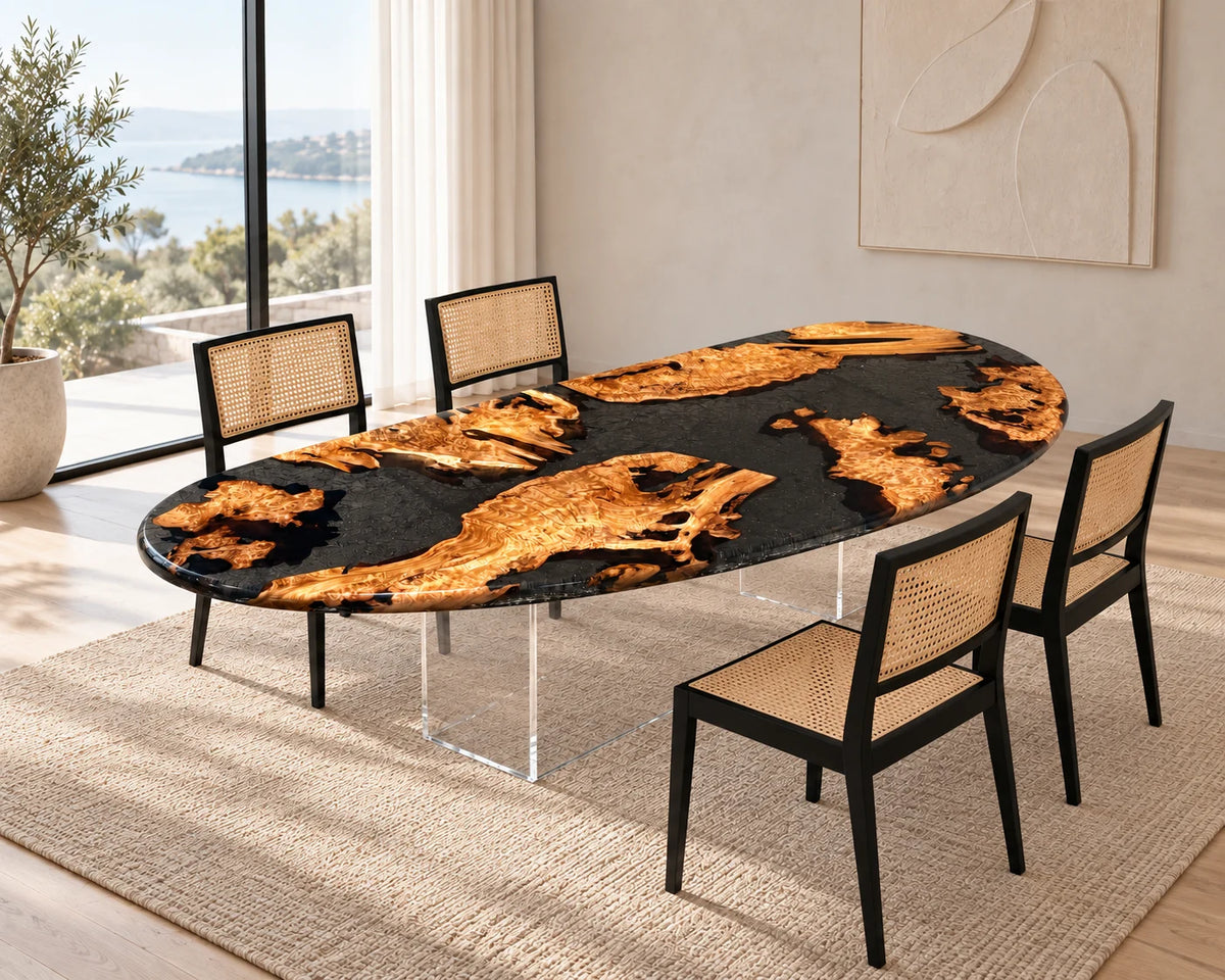 Aurorawoodart Custom Cedar Burl Black Epoxy Live Edge Dining Table DT176