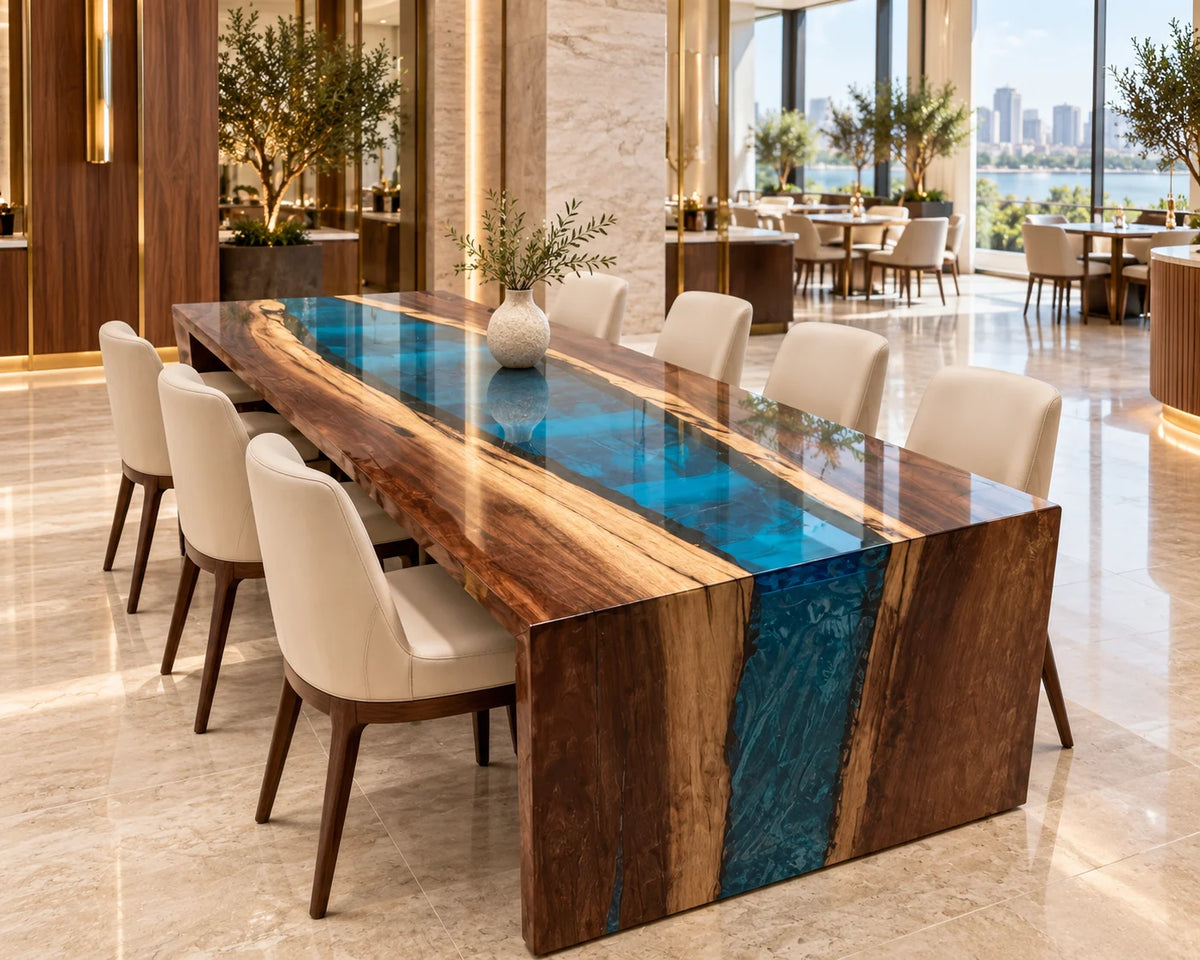 Aurorawoodart Custom Walnut Blue Epoxy Waterfall Dining Table DT177