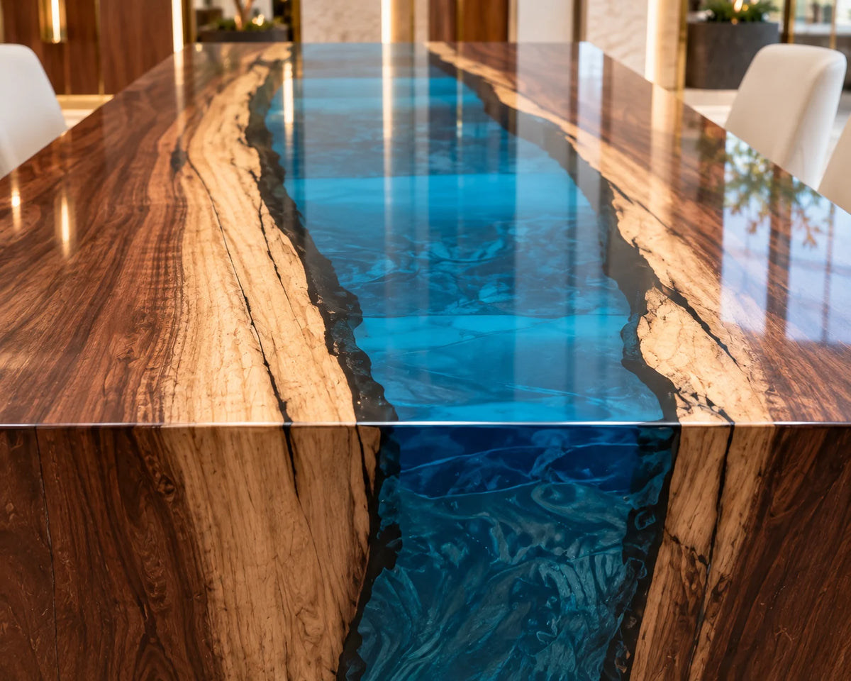 Aurorawoodart Custom Walnut Blue Epoxy Waterfall Dining Table DT177