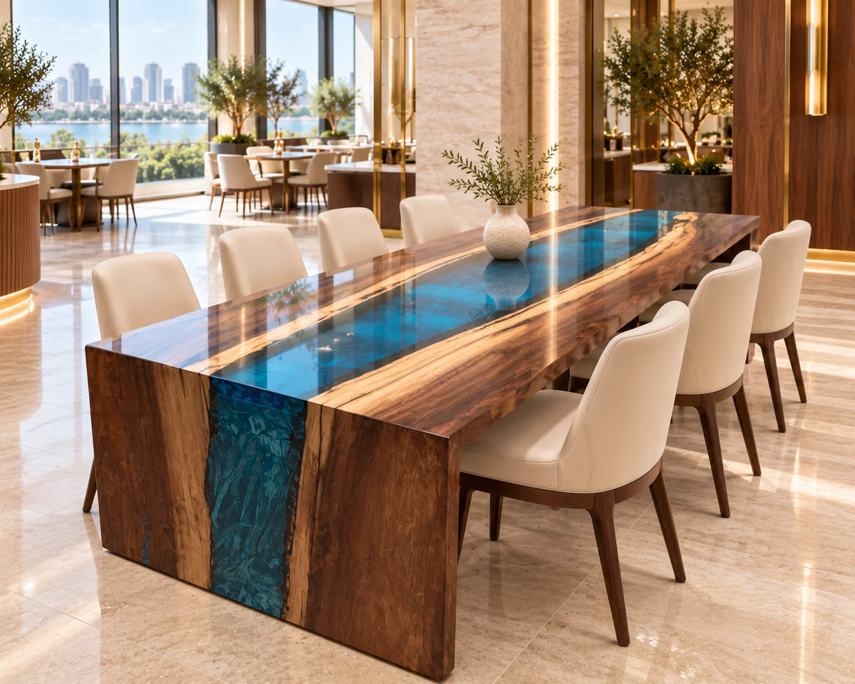 Aurorawoodart Custom Walnut Blue Epoxy Waterfall Dining Table DT177