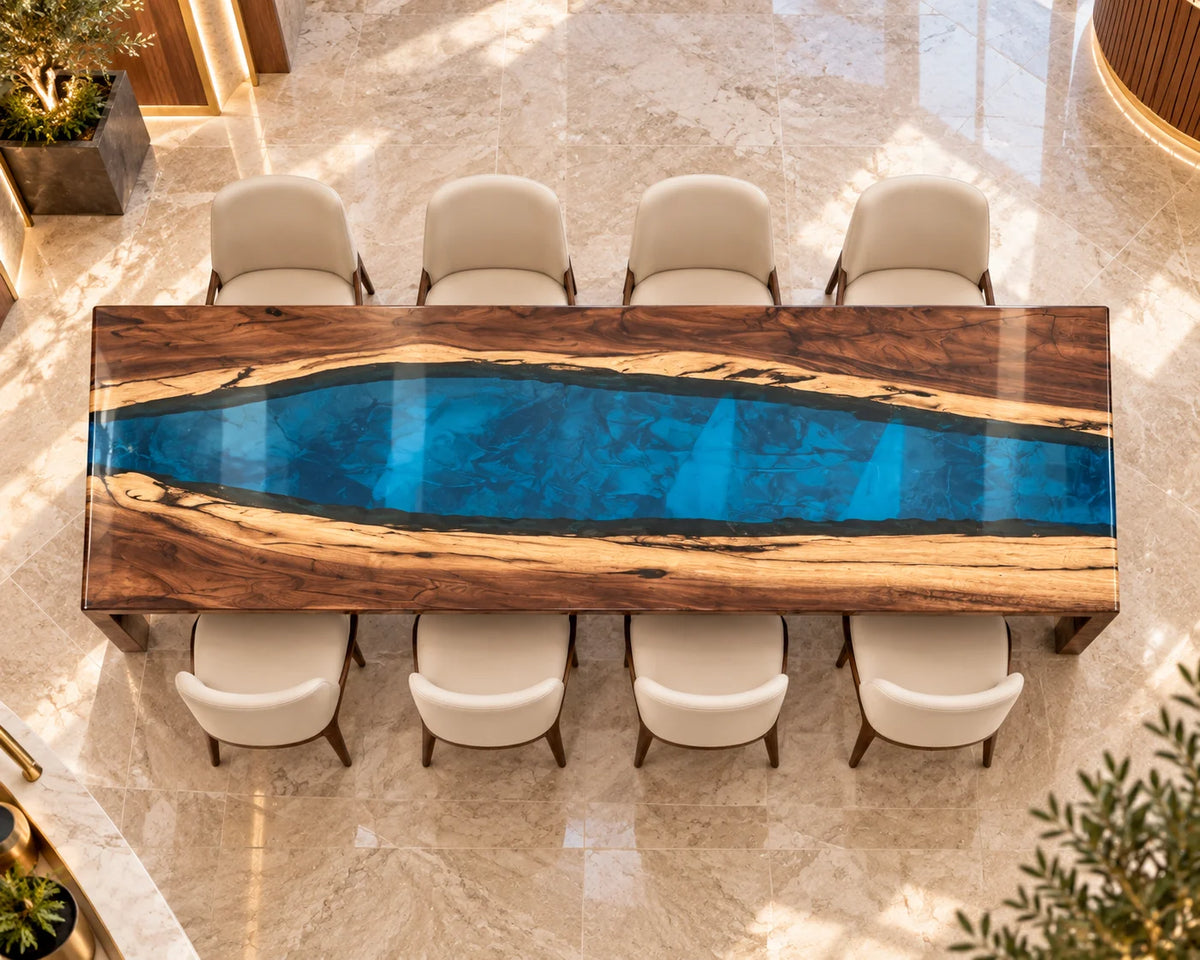 Aurorawoodart Custom Walnut Blue Epoxy Waterfall Dining Table DT177