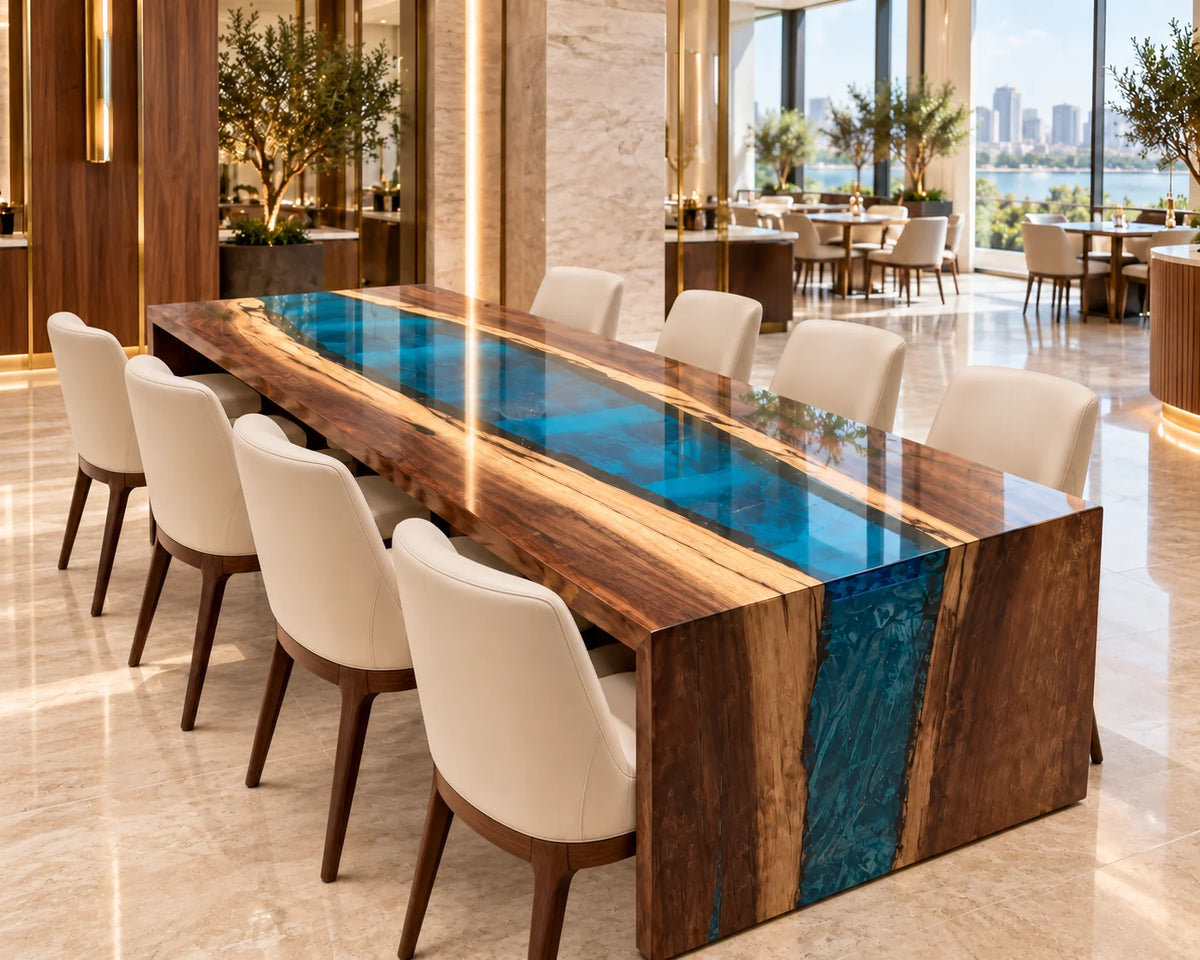 Aurorawoodart Custom Walnut Blue Epoxy Waterfall Dining Table DT177