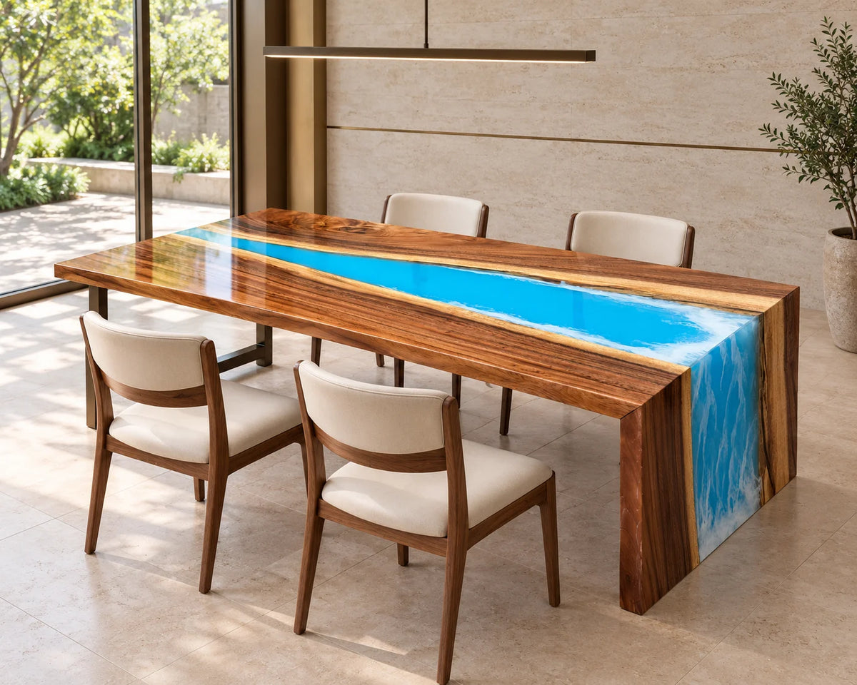 Aurorawoodart Custom Walnut Blue Epoxy Waterfall Dining Table DT179