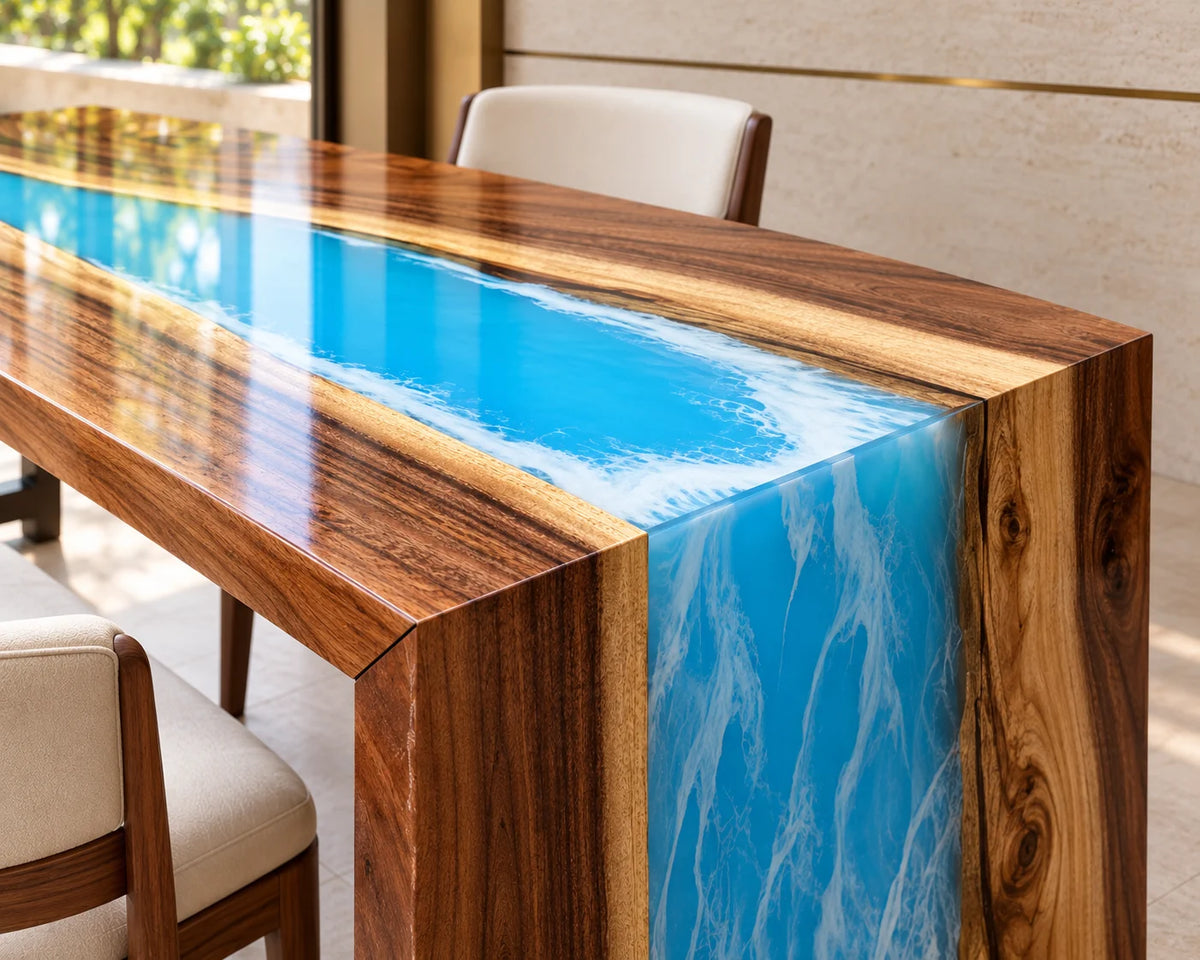Aurorawoodart Custom Walnut Blue Epoxy Waterfall Dining Table DT179