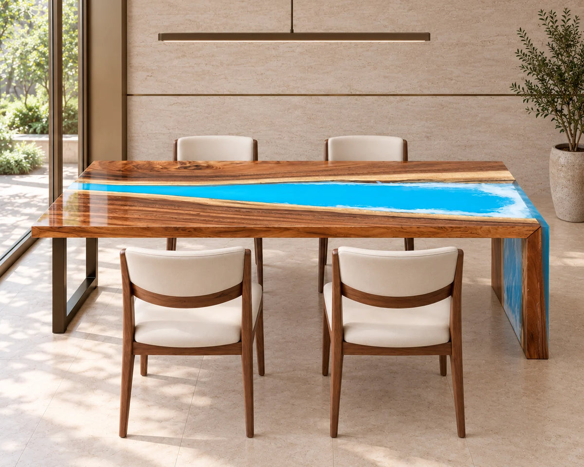 Aurorawoodart Custom Walnut Blue Epoxy Waterfall Dining Table DT179