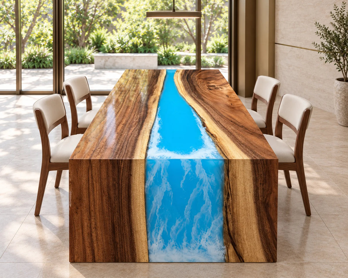 Aurorawoodart Custom Walnut Blue Epoxy Waterfall Dining Table DT179