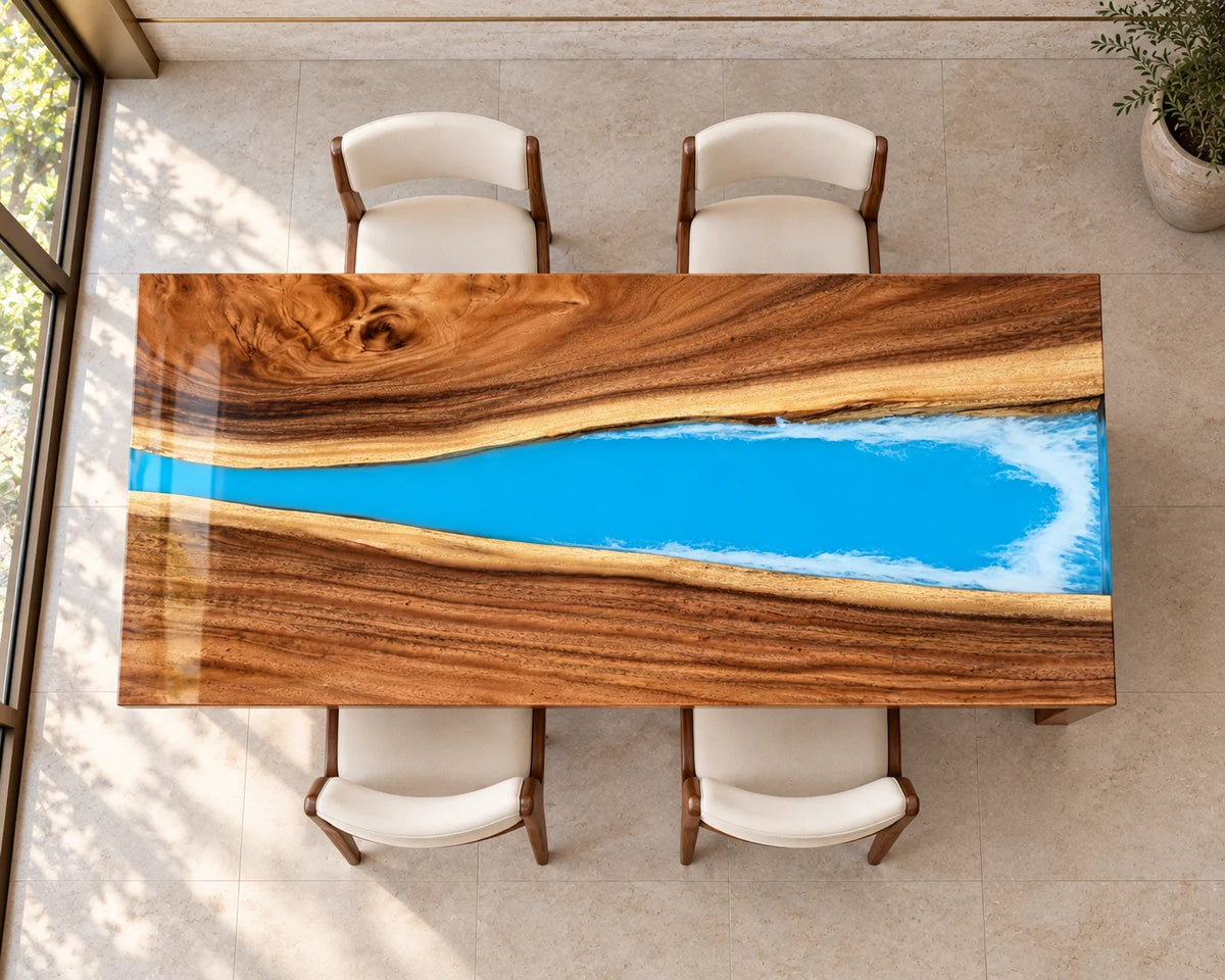Aurorawoodart Custom Walnut Blue Epoxy Waterfall Dining Table DT179