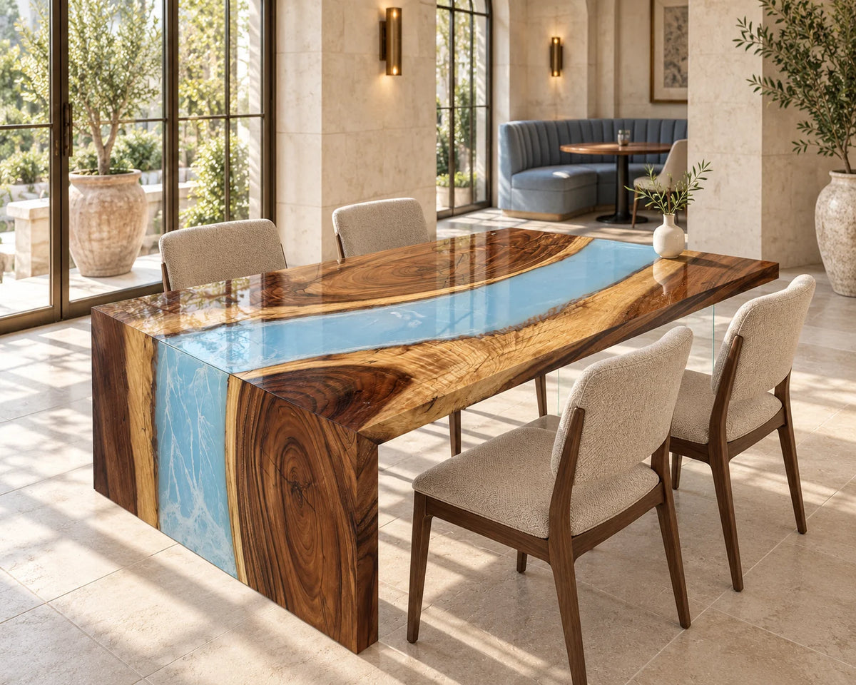 Aurorawoodart Custom Walnut Blue Epoxy Waterfall Dining Table DT180